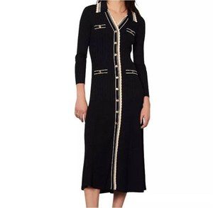 Sandro NWT $430 Sz M Alexandrine Dress Midi Blue Marine Gold Button Down